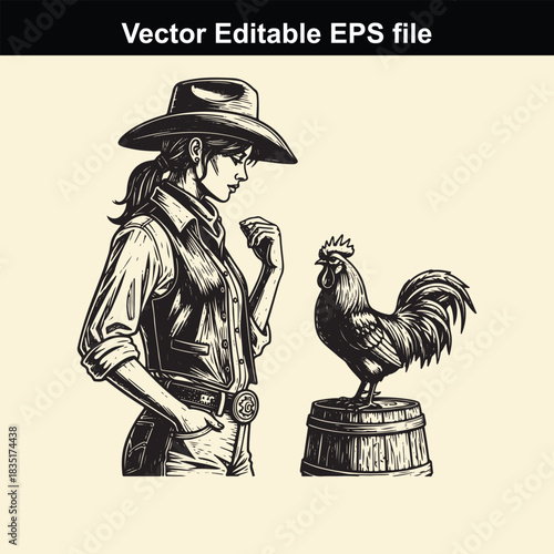 engraving style vector illustration of a cowgirl wearing a cowboy hat and vest looking thoughtfully at a rooster standing on a wooden barrel, perfect for western themes