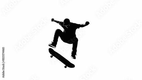 Silhouette of a skateboarder performing a trick mid-air.