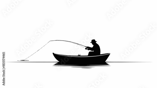 Black and white silhouette of a man fishing from a boat.