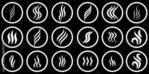 Smoke steam icon vector logo set. Smoke smell, steam aroma heat icon illustration. Hot vapor fire doodle line logo. Hit stink, coffee, fragrance flame elements. Vector illustration