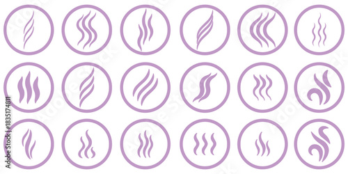 Smoke steam icon vector logo set. Smoke smell, steam aroma heat icon illustration. Hot vapor fire doodle line logo. Hit stink, coffee, fragrance flame elements. Vector illustration