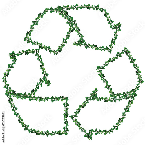 recycle symbol made of leaves, recycle symbol made of recycle paper, recycle symbol made of grass, recycle symbol on green