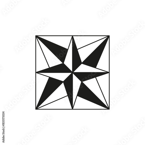 Star compass element. Navigation guide symbol. Square geometric Vector. Black white sign