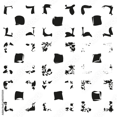 Abstract paint splatters. Grunge ink elements. Chaotic blot Vector set. Black white texture.