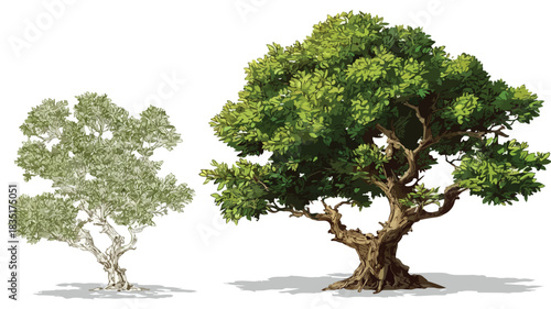 Unique Tree Drawing with Green Leaves for Creative Designs