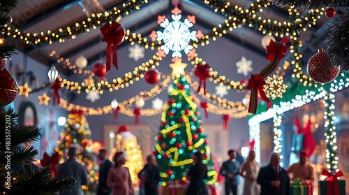 A hyper-realistic rendering of a joyous Christmas celebration, focusing on luminous textures and a vibrant display of holiday decorations