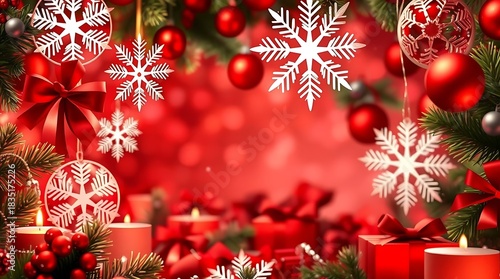 A hyperrealistic visual of a Christmas celebration backdrop, featuring realistic textures and a palette of deep reds and greens