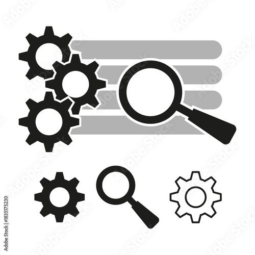 Magnify gear icons. Search settings concept. Optimization tool Vector. Management process symbol.