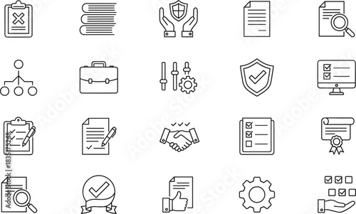 Business management quality control, compliance regulation legal audit, contract agreement verification, certification standards validation, setting process workflow line icons set