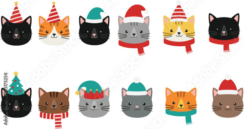 festive cat faces, Christmas cats, holiday accessories, Santa hats, elf hats, winter scarves, cute feline portraits, seasonal illustration, cheerful decor, cartoon style