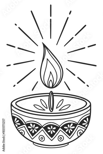 A traditional oil lamp (diya) with a lit flame. The lamp is decorated with floral and geometric patterns, and radiating lines around the flame suggest light or glow. Commonly associated with Indian.