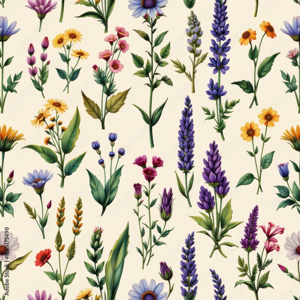 Fototapeta premium Colorful Floral Patterns with Various Flowers and Greenery on Light Background