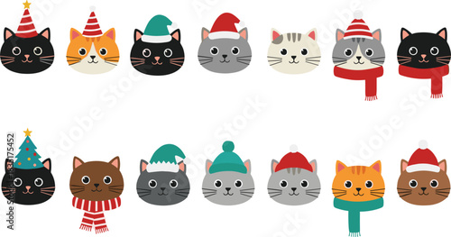 festive cat faces, Christmas cats, holiday accessories, winter hats, Santa scarves, cute feline portraits, seasonal illustration, cheerful decor, pet celebration, cartoon style