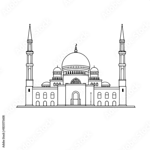 Black-line technical-style illustration of the Shah Faisal Mosque in sharp precise lines, centered with perfect symmetry, featuring minimal architectural details, a prominent crescent symbol at the ap