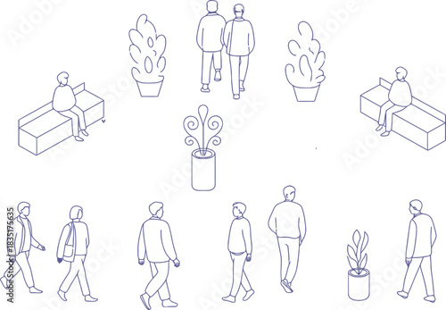 Modern workplace scene featuring people walking, sitting, and plants in outline style