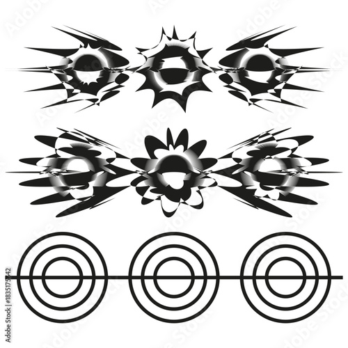 Abstract dark shapes. Explosive spike elements. Geometric line Vector. Black white design set.
