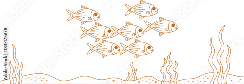 Delightful group of cute fish swimming together in the sea with seaweed and sand