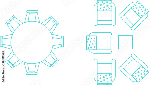 Floor plan diagram shows table and seating arrangement options for interior design