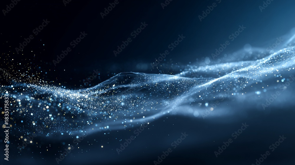 Fototapeta premium Blue digital wave of particles flowing on dark background, representing data flow, for presentations