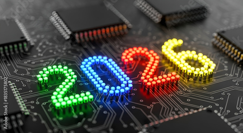 Year 2026 on a glowing circuit board with microchips and colorful LED lights-digital technology concept