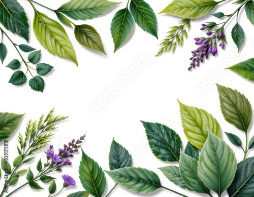 Decorative Greenery Frame with Various Leaves and Flowers on White Background