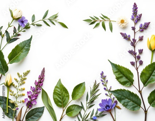 Colorful Arrangement of Fresh Flowers and Green Leaves on White Background for Artistic Design