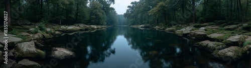 Forest river and lake with calm reflective water framed by mossy rocks and tall trees, mist rising in overcast light, serene wilderness scenery for nature landscape and outdoor exploration