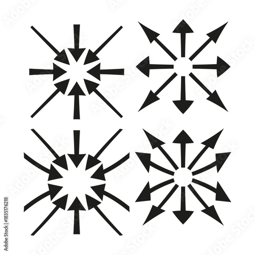 Radial arrow icons. Direction movement symbols. Inward outward Vector. Focus control graphic.