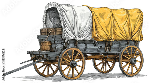 Detailed Wooden Wagon Drawing on White Background with Yellow Accents