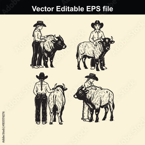 vector editable eps file featuring four black and white line art illustrations of cowboys or cowgirls interacting with bulls or cattle in various poses on a light background
