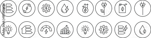 Energy saving eco power icon set collection in black line style, sustainability electricity efficiency symbols pack with renewable green energy illustrations, environmental resource graphic elements