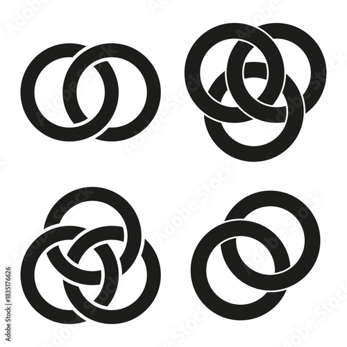 Intertwined ring icons. Connection link symbols. Knot work Vector set. Abstract round element.