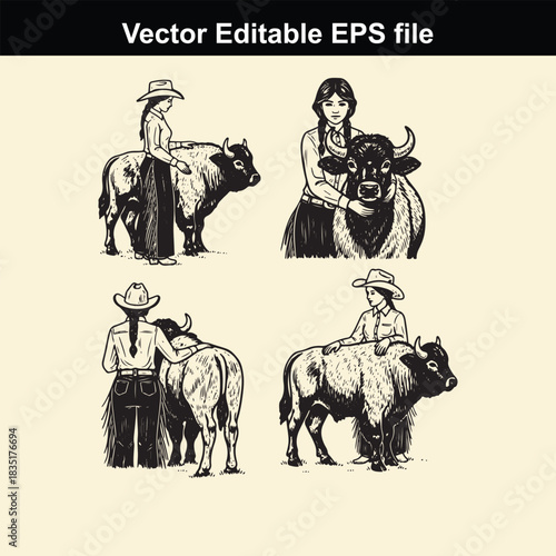collection of four vintage style vector illustrations depicting cowgirls interacting with bulls and oxen, showing different poses and perspectives of ranch life