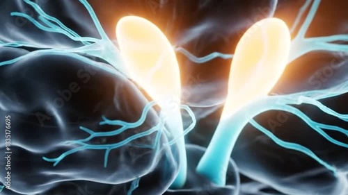 Close Up Medical Animation of Human Brain Hippocampus Showing Neural Connections and Synaptic Activity Glowing Orange and Blue