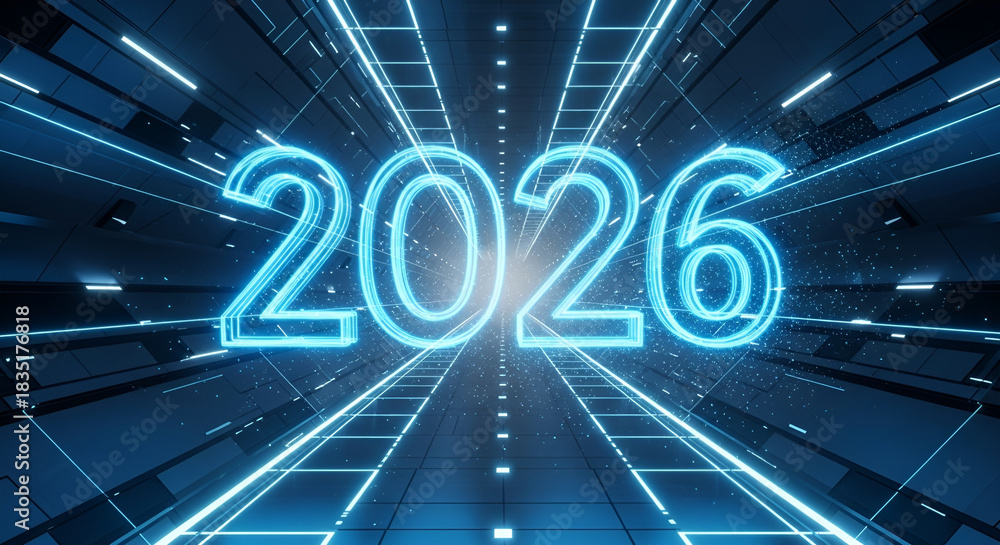 Obraz premium 2026 Neon Blue Light in Futuristic Digital Tunnel - New Year Technology Concept