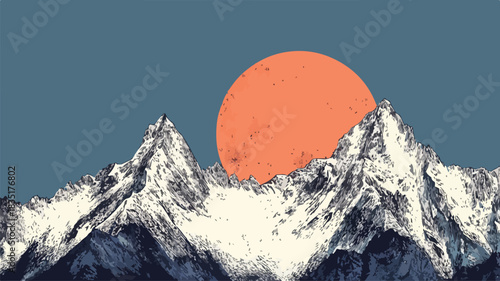 Mountain Range Silhouetted Against Full Moon - Vector Illustration