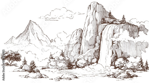 Majestic Mountain with Waterfall and Scenic Background