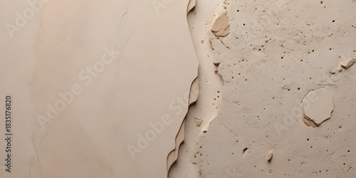 Abstract textural background of a weathered and crumbling beige plaster wall, with peeling layers revealing a rough, grunge surface for design concepts