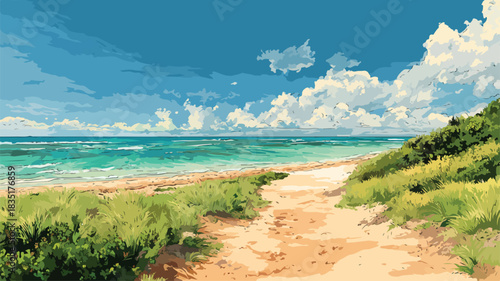 Serene Beach Landscape Painting with Ocean Background