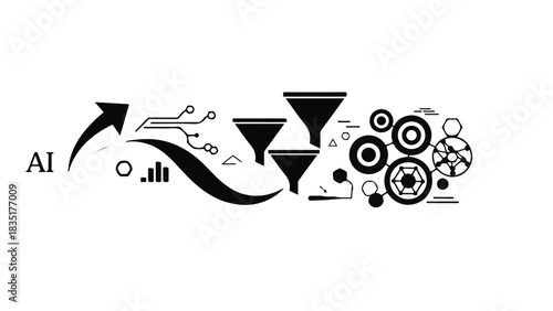 AI technology processing data through a funnel for analysis and insights
