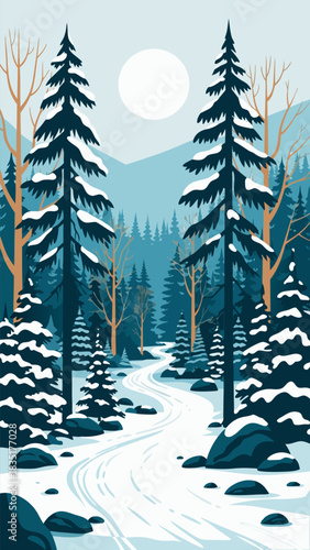 Winter wonderland A serene illustration of a snowy forest trail, sunlight, and a peaceful mountain scene