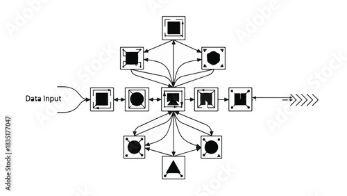 Abstract diagram illustrating data flow and processing in a complex system with interconnected nodes and arrows.