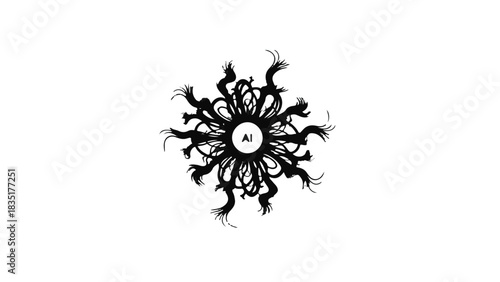 Intricate abstract black ink design with a central 'AI' symbol on white background