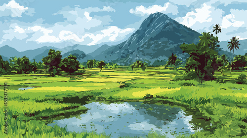 Serene Landscape Painting of Rice Fields, Pond, and Mountain