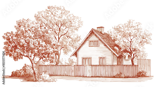 Serene Home with White Fence Surrounded by Lush Trees and Leaves