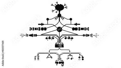 Abstract representation of a complex neural network system with intricate connections