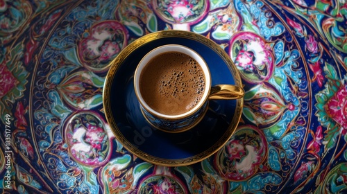 A richly patterned cup of Turkish coffee resting on an ornate, colorful traditional saucer
