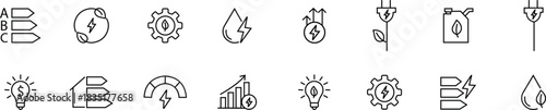 Energy saving eco power icon set collection in black line style, sustainability electricity efficiency symbols pack with renewable green energy illustrations, environmental resource graphic elements