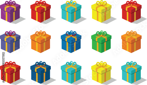 gift box grid, colorful presents, festive wrapping, ribbon bows, holiday packaging, cheerful decor, celebration gifts, vibrant illustration, seasonal design, cartoon style