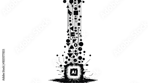 Abstract representation of artificial intelligence processing information through geometric shapes and circuits.